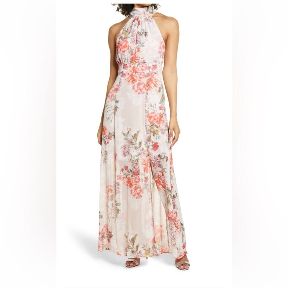 Eliza J Pink Floral tie neck halter Maxi Dress- NWT style # EJ1-8289